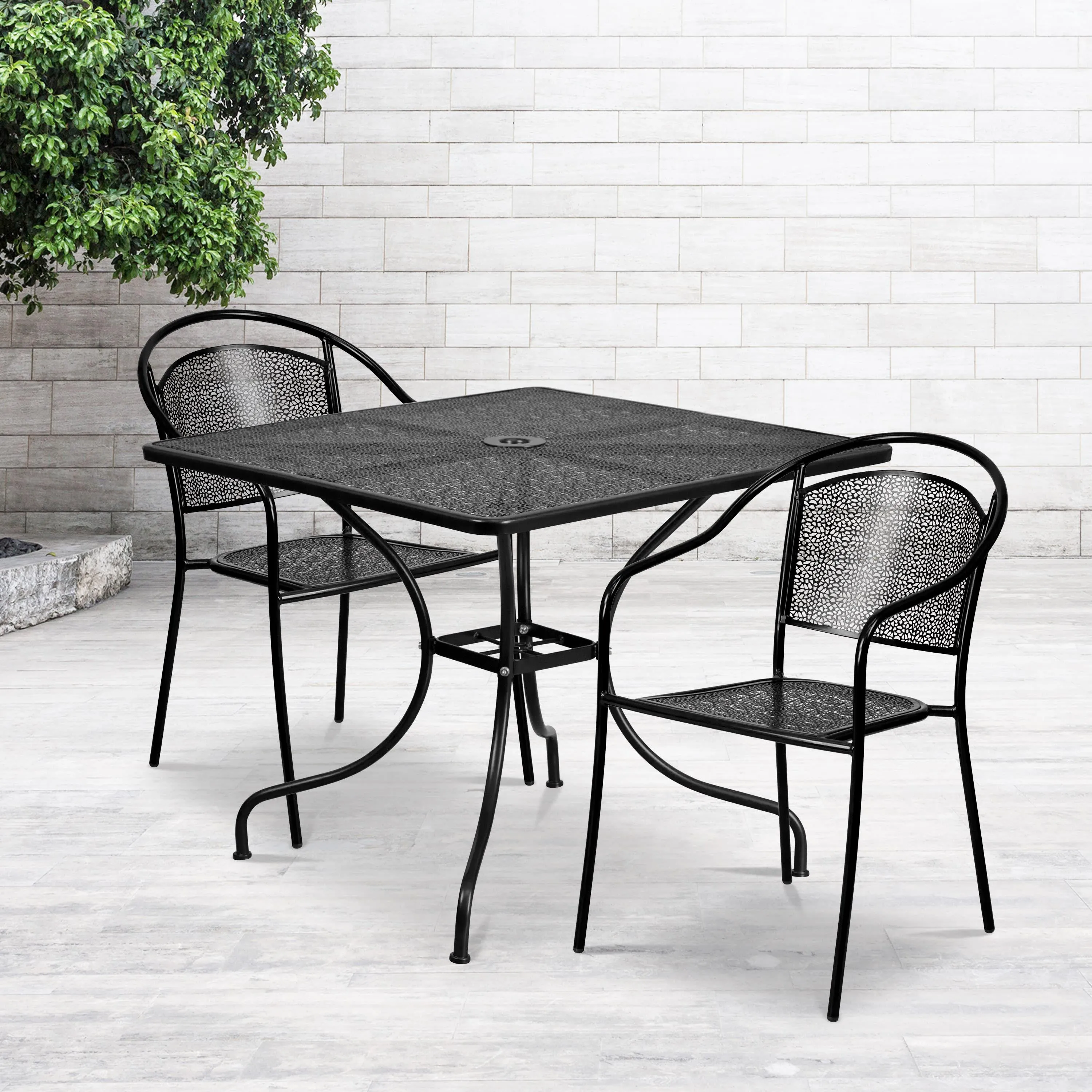 Oia Commercial Grade 35.5" Square Indoor-Outdoor Steel Patio Table Set with 2 Round Back Chairs
