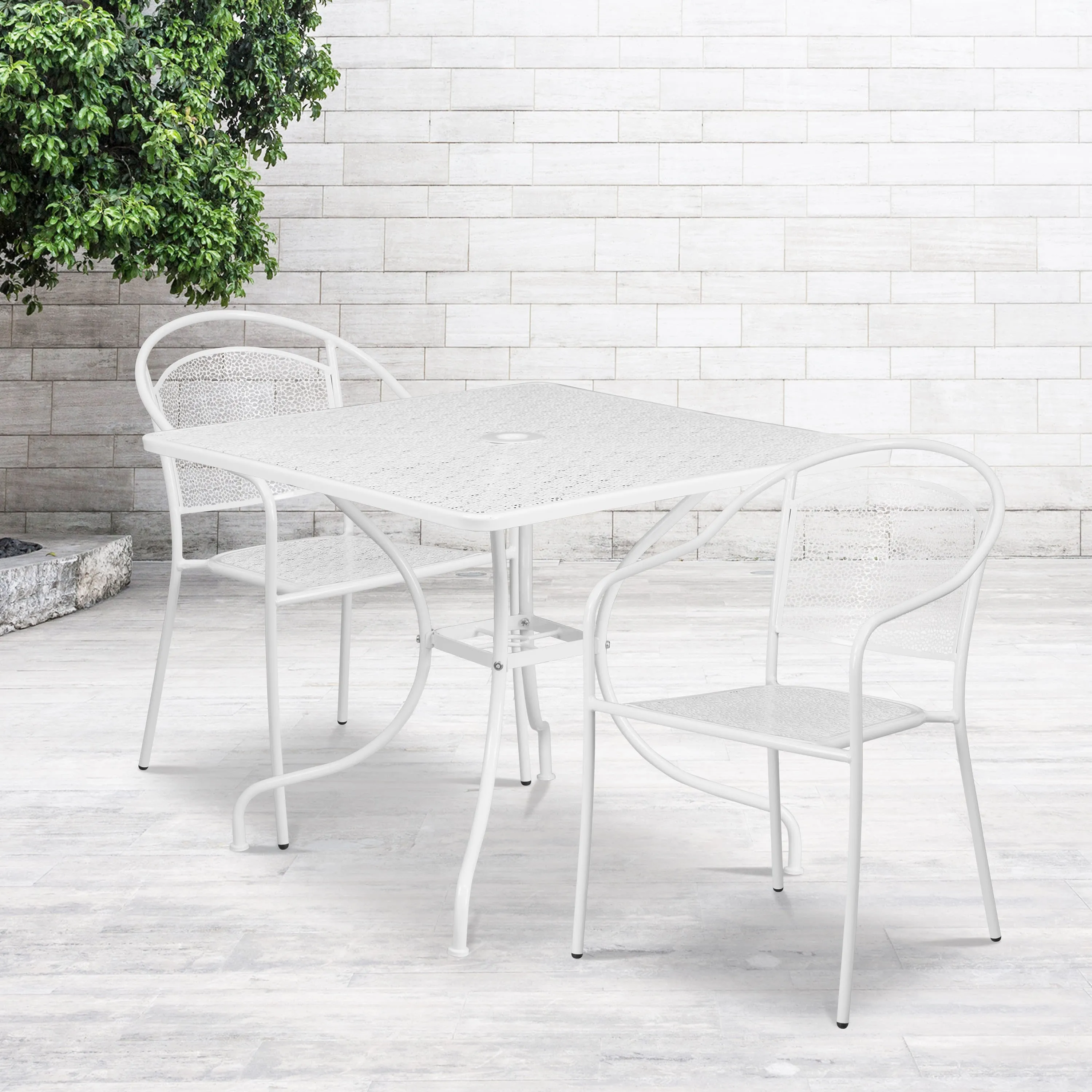 Oia Commercial Grade 35.5" Square Indoor-Outdoor Steel Patio Table Set with 2 Round Back Chairs