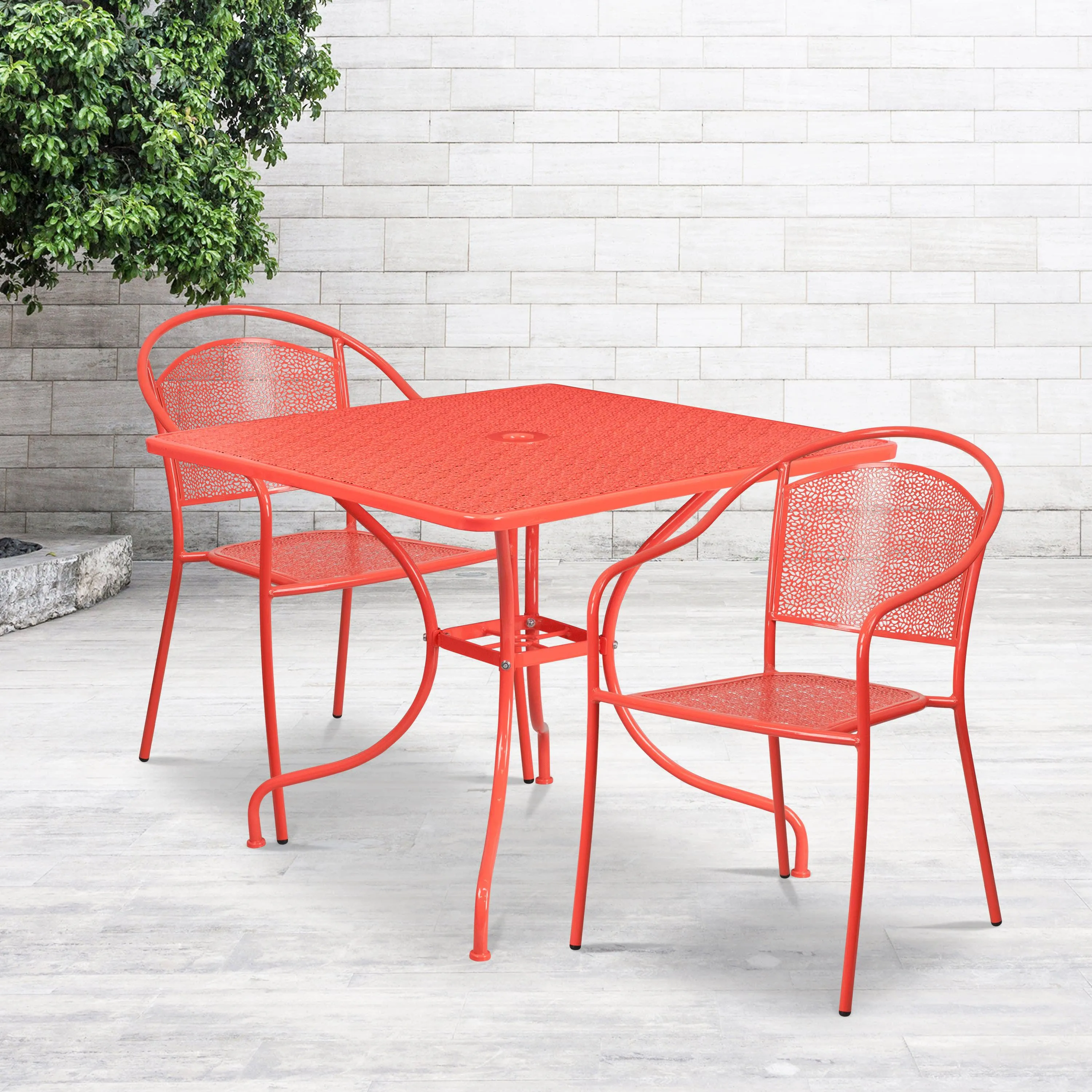 Oia Commercial Grade 35.5" Square Indoor-Outdoor Steel Patio Table Set with 2 Round Back Chairs