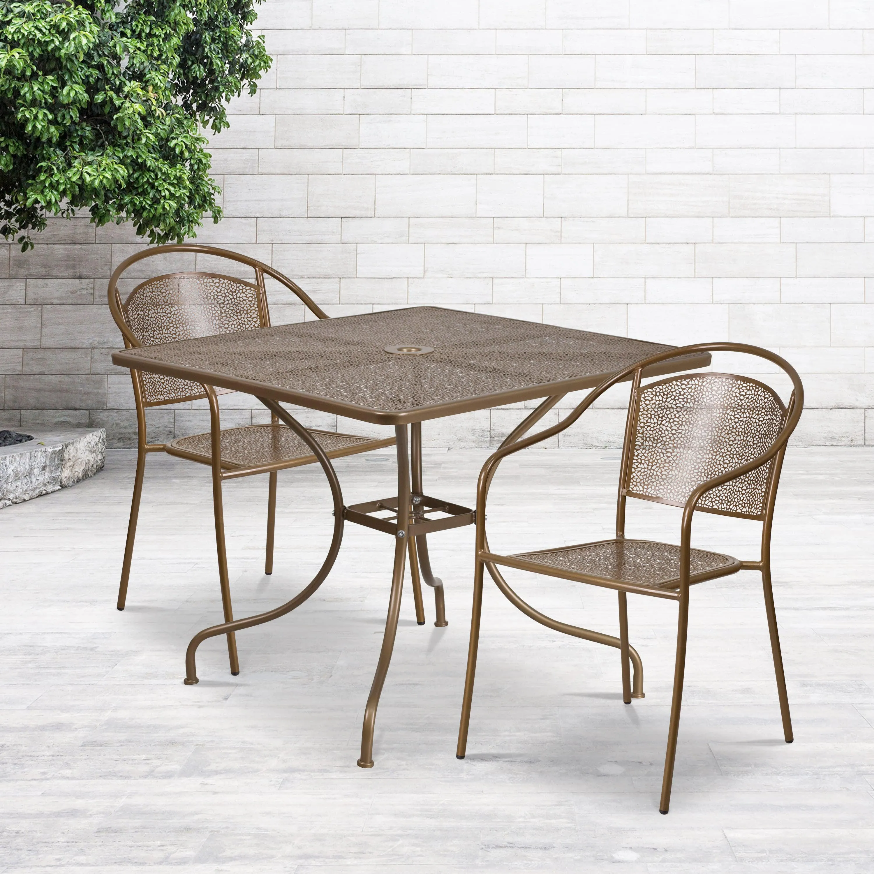Oia Commercial Grade 35.5" Square Indoor-Outdoor Steel Patio Table Set with 2 Round Back Chairs