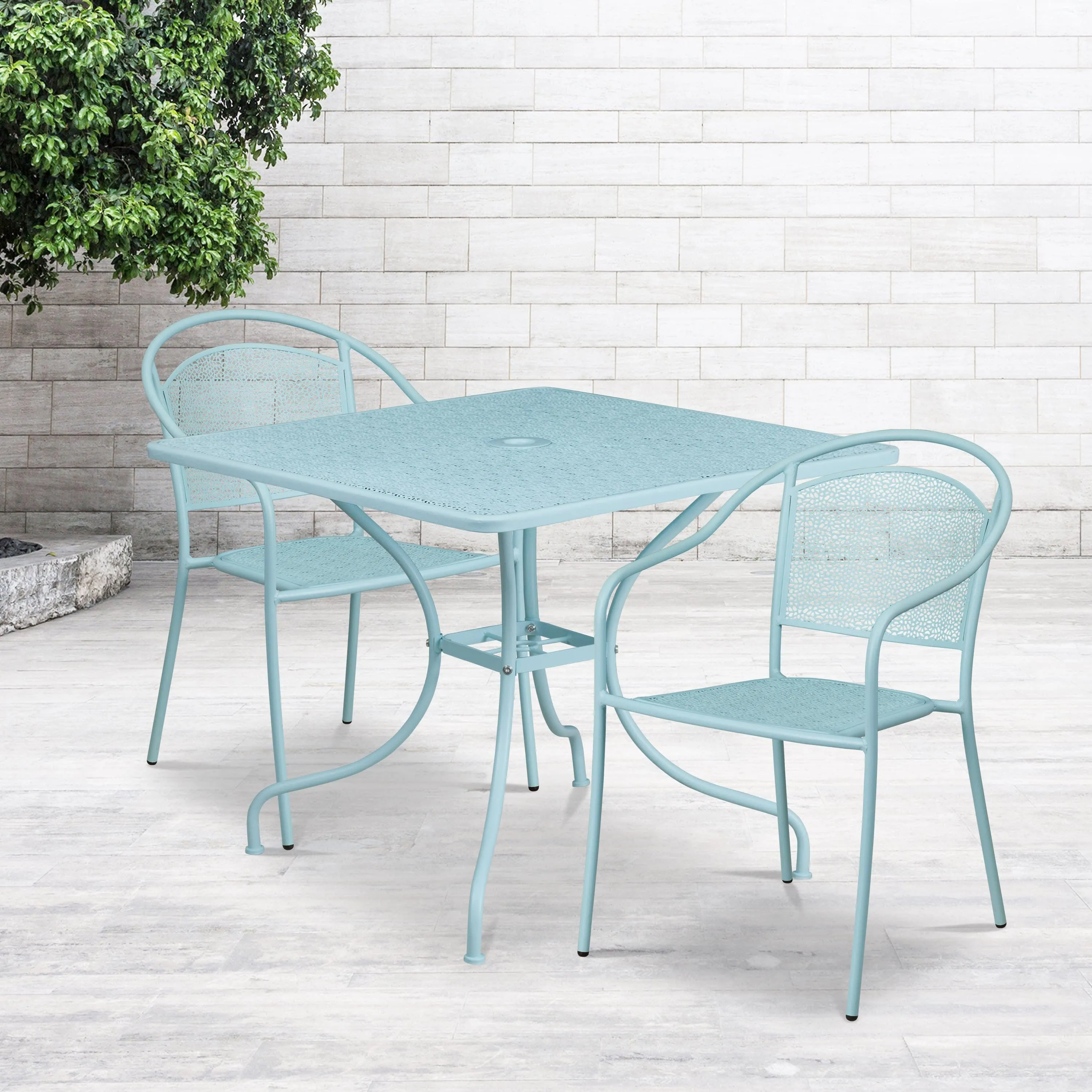 Oia Commercial Grade 35.5" Square Indoor-Outdoor Steel Patio Table Set with 2 Round Back Chairs