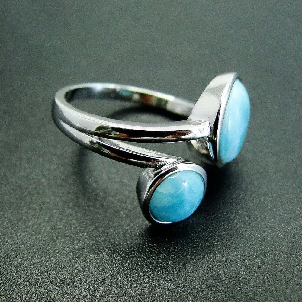 Round Natural Larimar Ring - 925 Sterling Silver