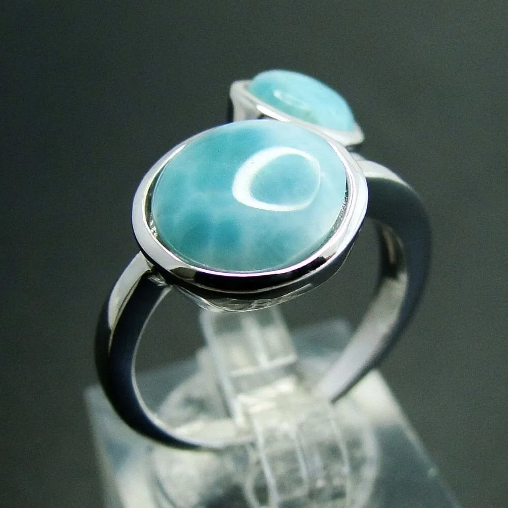 Round Natural Larimar Ring - 925 Sterling Silver