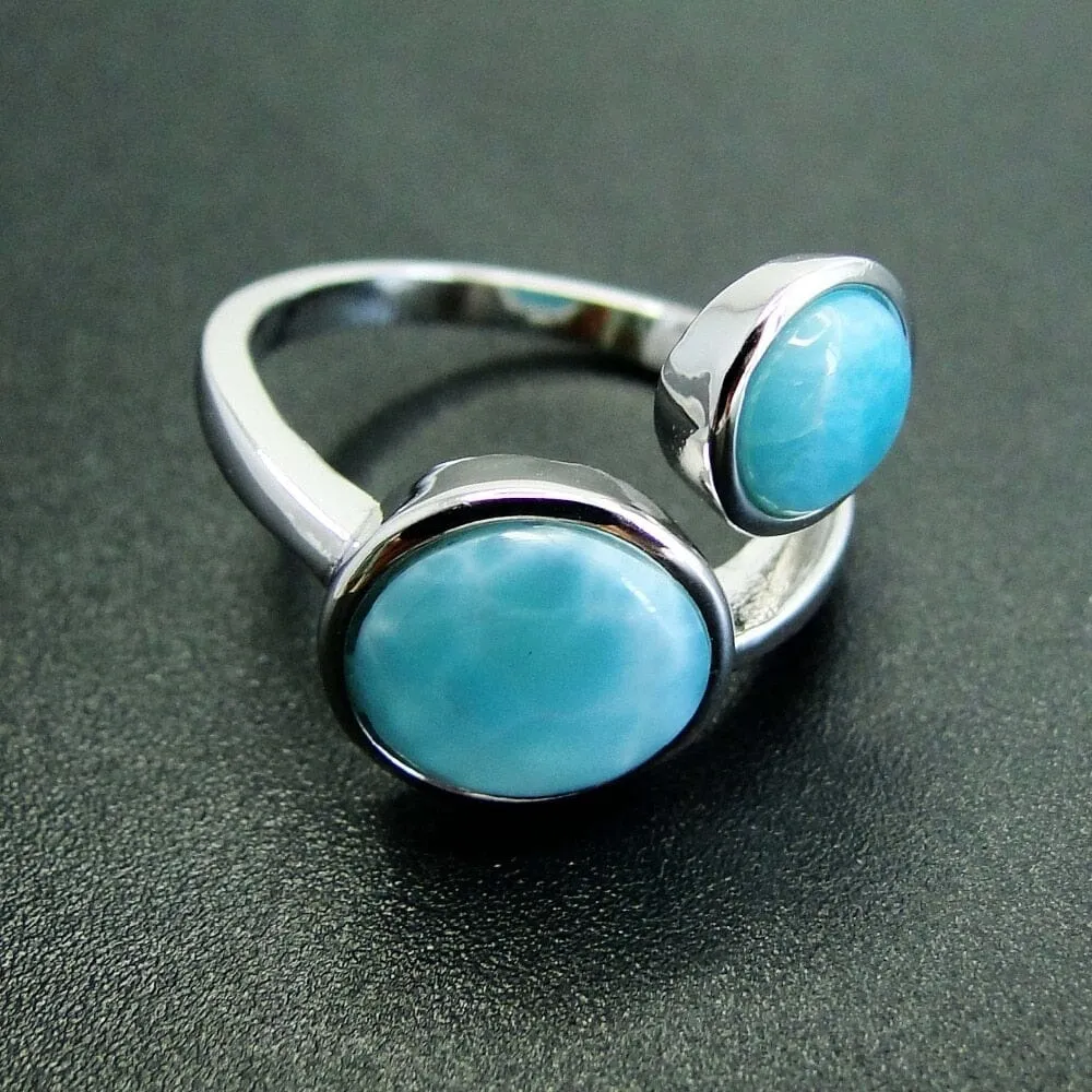 Round Natural Larimar Ring - 925 Sterling Silver