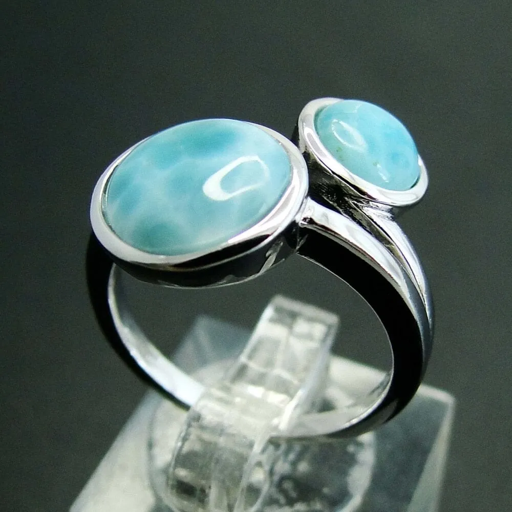 Round Natural Larimar Ring - 925 Sterling Silver
