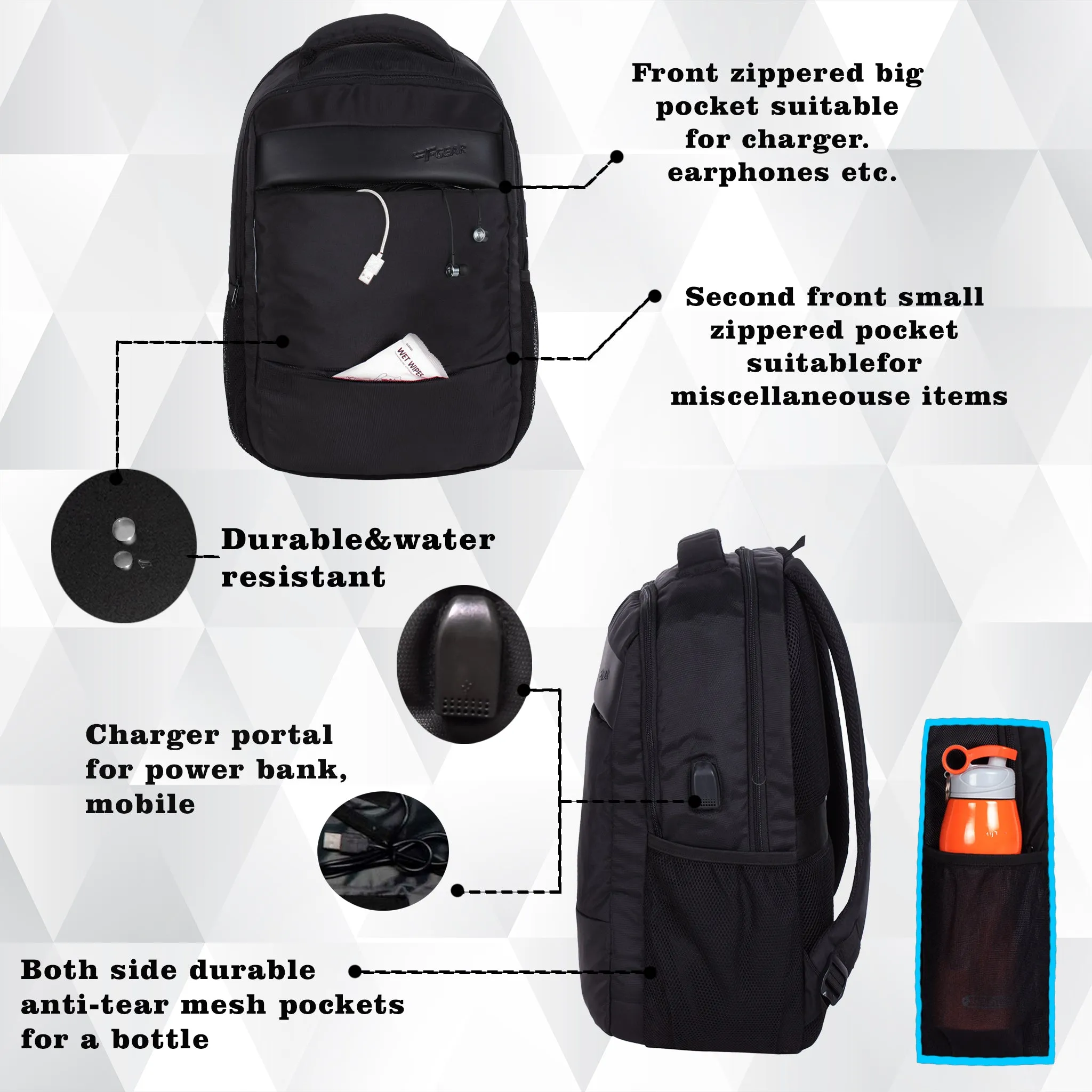 Santiago 23L Black Laptop Backpack with raincover