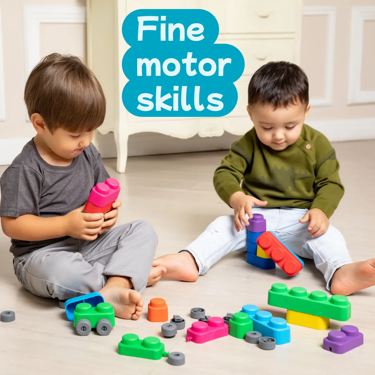 Sensory Soft Building Blocks - 15pcs   12 Wheels for Toddlers 2-5 Years - Early Learning, Bath Play, Stacking & Teething Montessori Toys