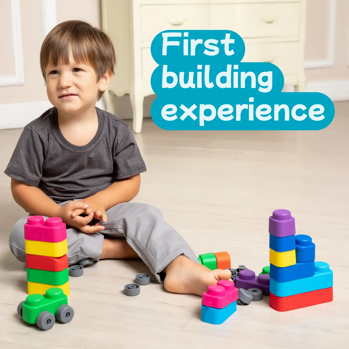Sensory Soft Building Blocks - 15pcs   12 Wheels for Toddlers 2-5 Years - Early Learning, Bath Play, Stacking & Teething Montessori Toys