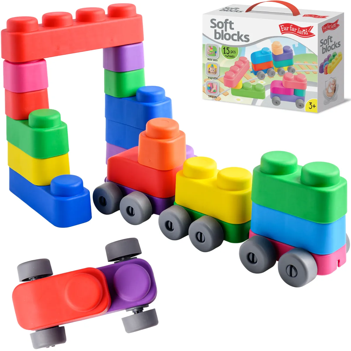 Sensory Soft Building Blocks - 15pcs   12 Wheels for Toddlers 2-5 Years - Early Learning, Bath Play, Stacking & Teething Montessori Toys