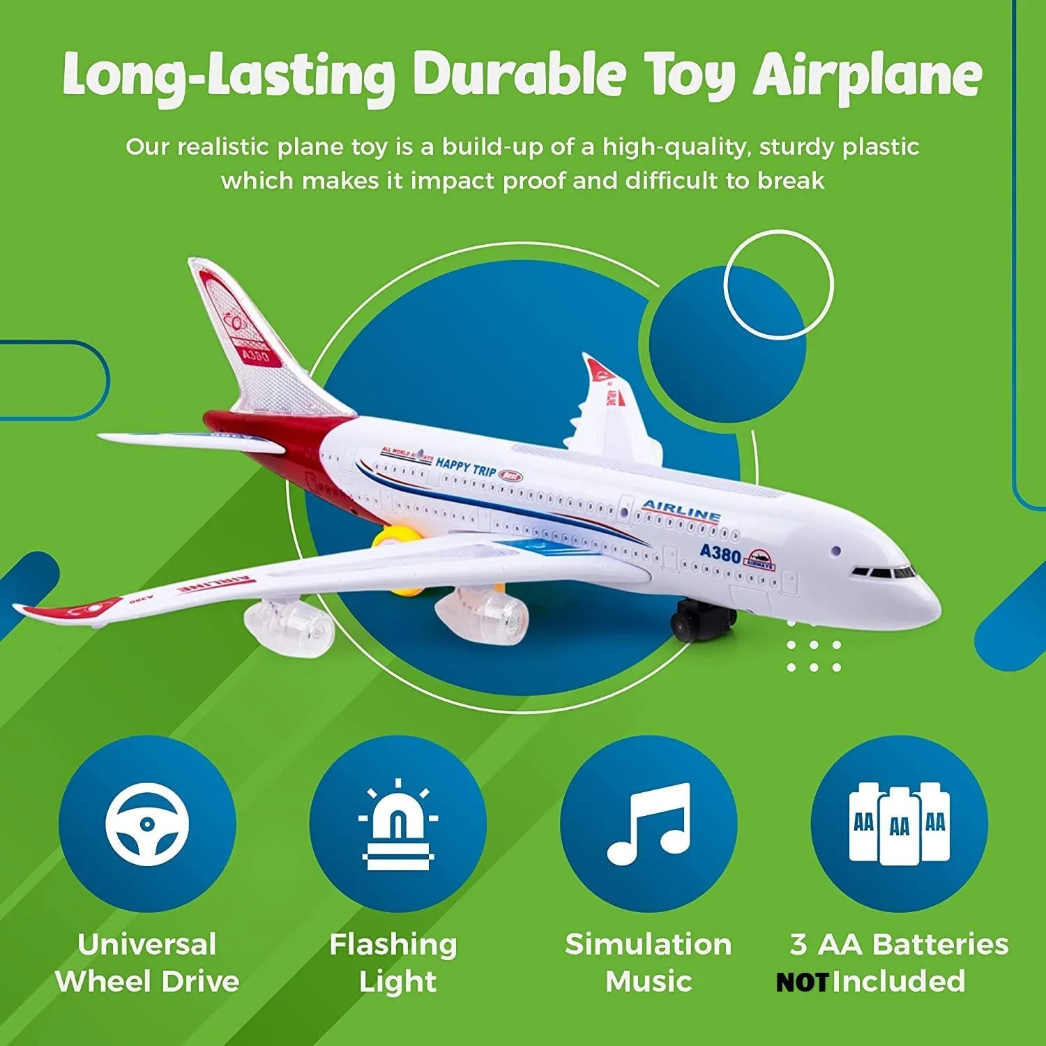 Toyshine Airplane Toys for Kids, Bump and Go Action, Toddler Toy Plane with LED Flashing Lights and Sounds for Boys & Girls 3-12 Years Old (A380)- Mix Design