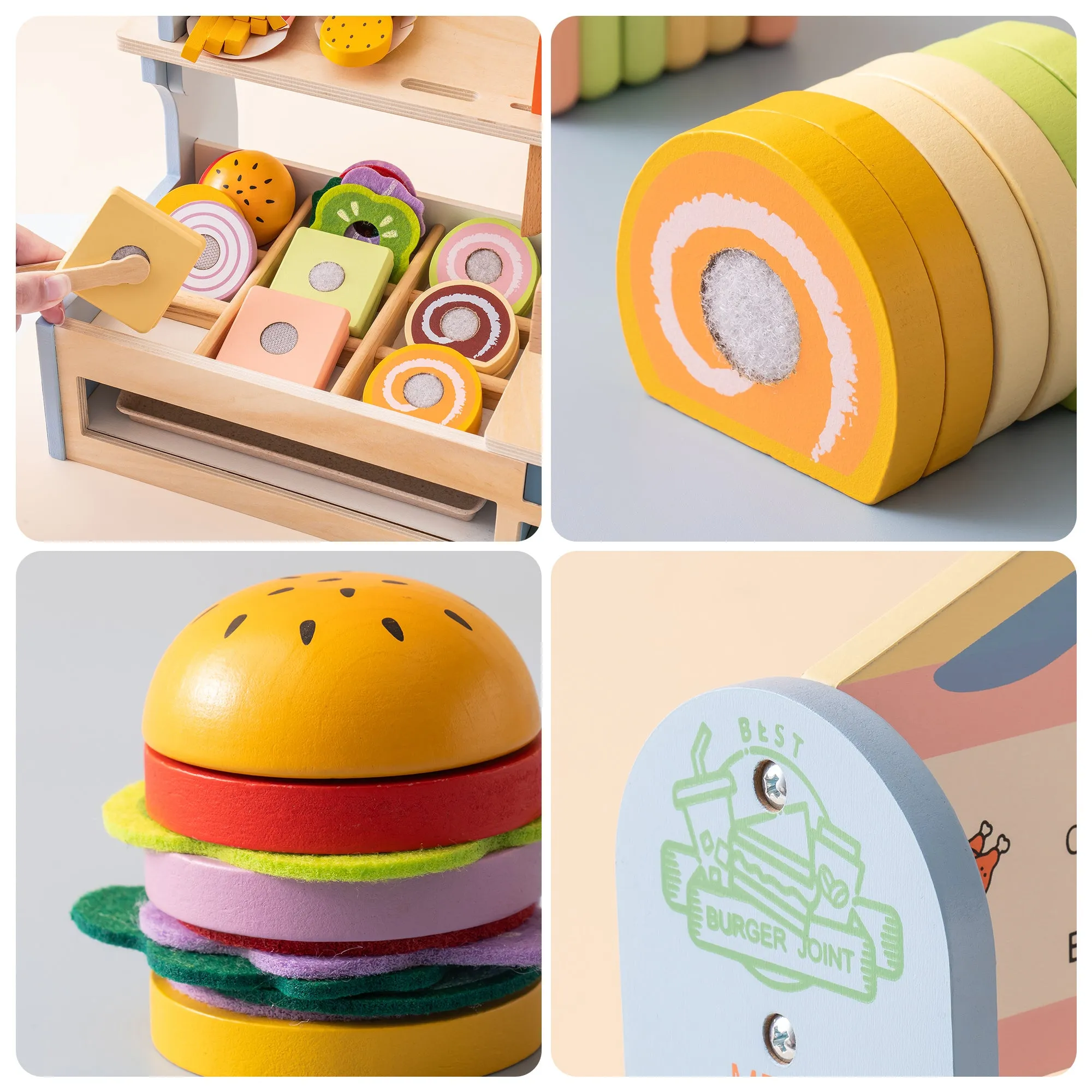 Wooden Slice & Stack Sandwich Counter with Deli Slicer,Kitchen Food Set For Toddlers And Kids Ages 3 