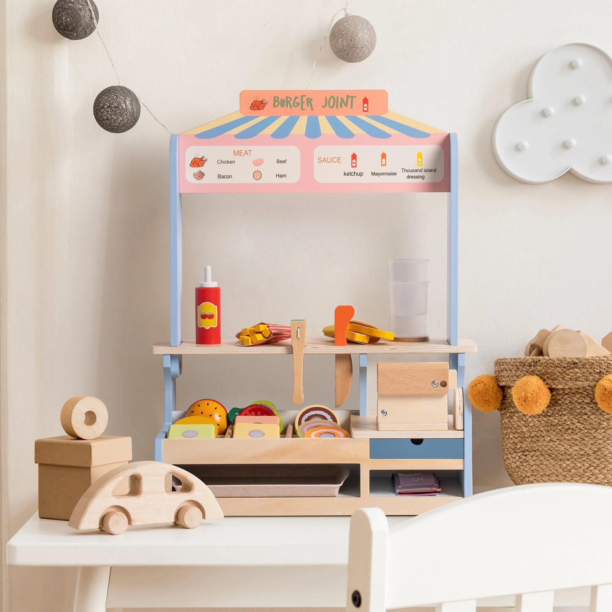 Wooden Slice & Stack Sandwich Counter with Deli Slicer,Kitchen Food Set For Toddlers And Kids Ages 3 